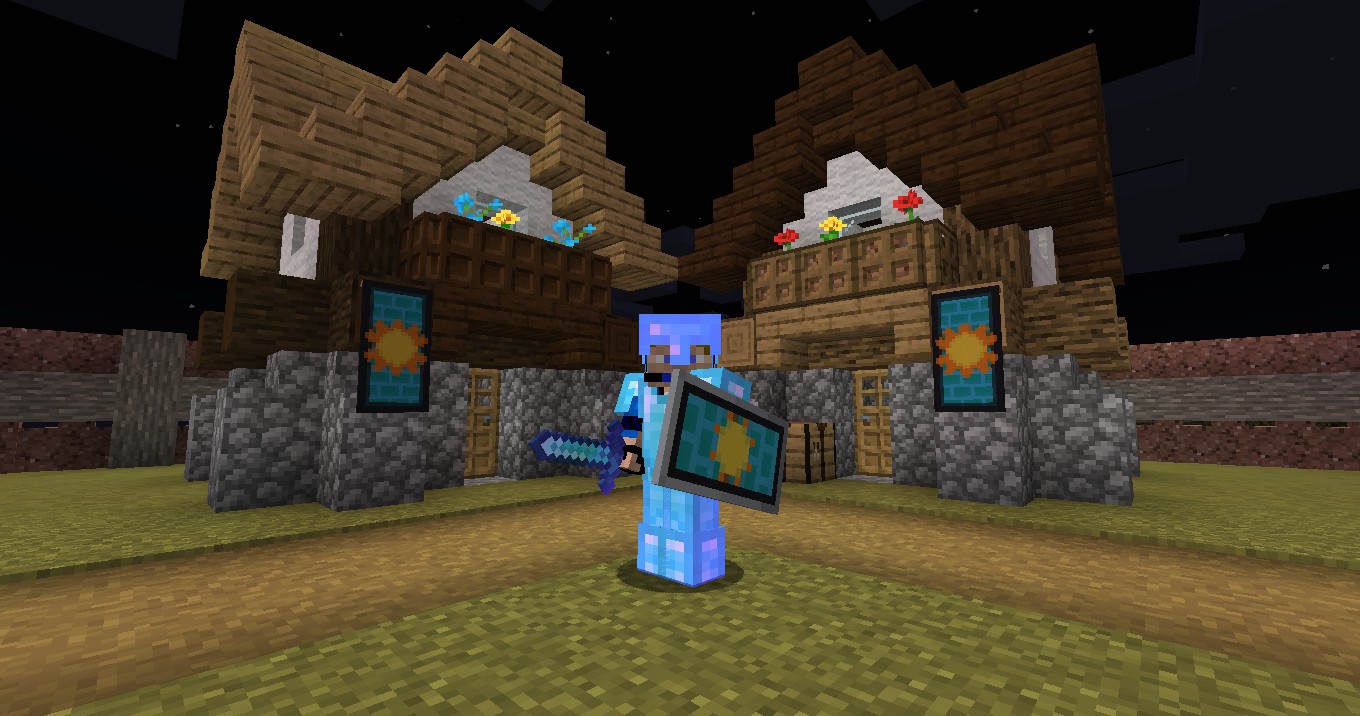 A Minecraft player in diamond armour standing before the first buildings of a player-created village on the BastianMC server