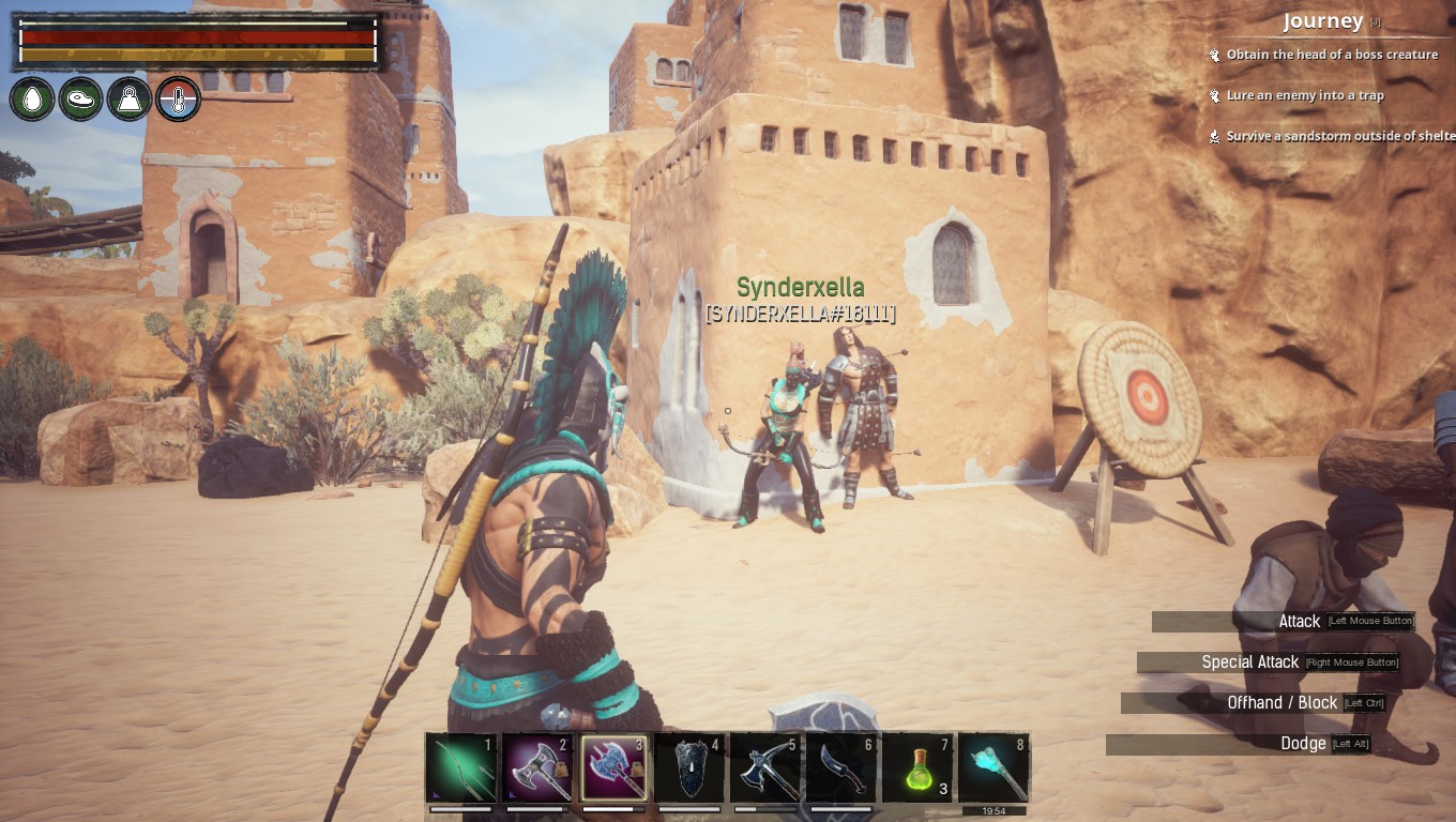 Armed Conan Exiles characters causing trouble in a desert town
