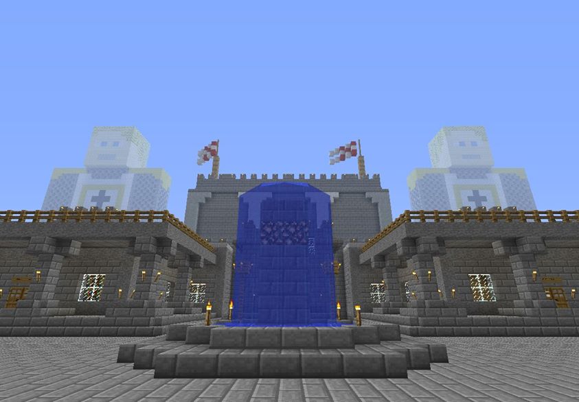 The stone entrance and central fountain of one of my early Minecraft cities