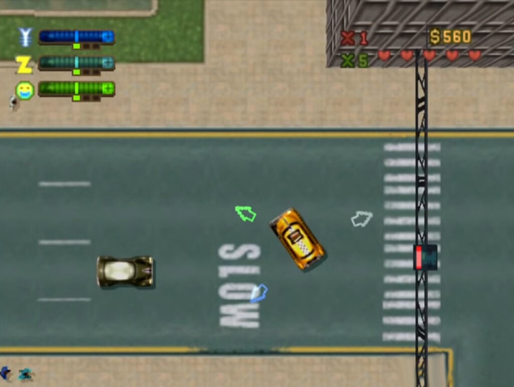 Top-down driving through the city in Grand Theft Auto 2