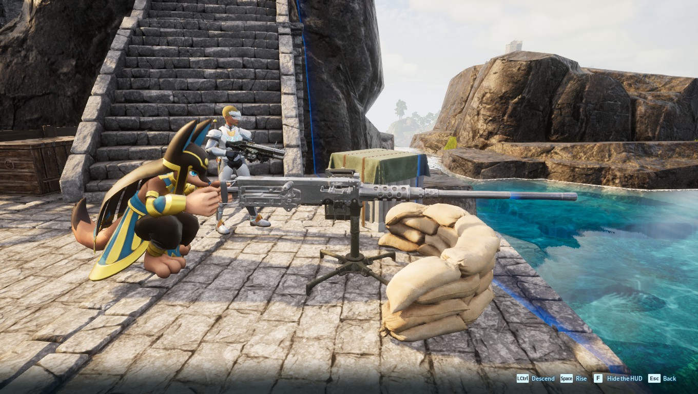 An armoured Palworld character and Anubis manning a gun emplacement before an approaching raid