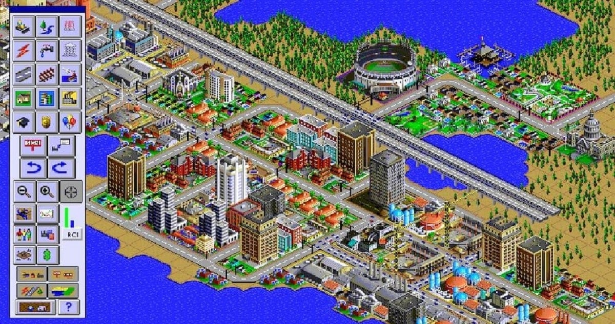 A developed city with roads, railways, waterways and civic buildings in SimCity 2000