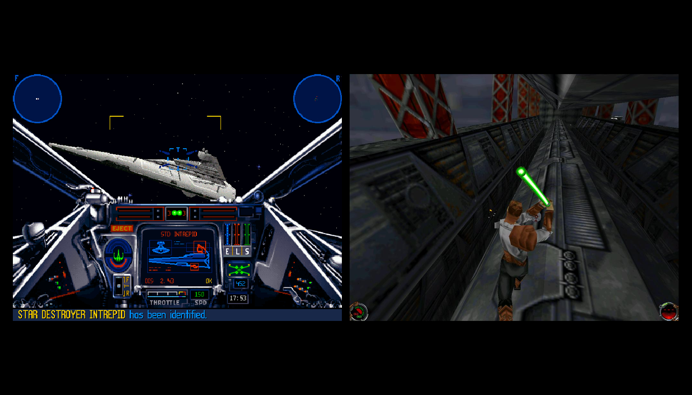 X-Wing vs. TIE Fighter cockpit gameplay beside Kyle Katarn wielding a lightsaber in Jedi Knight: Dark Forces II