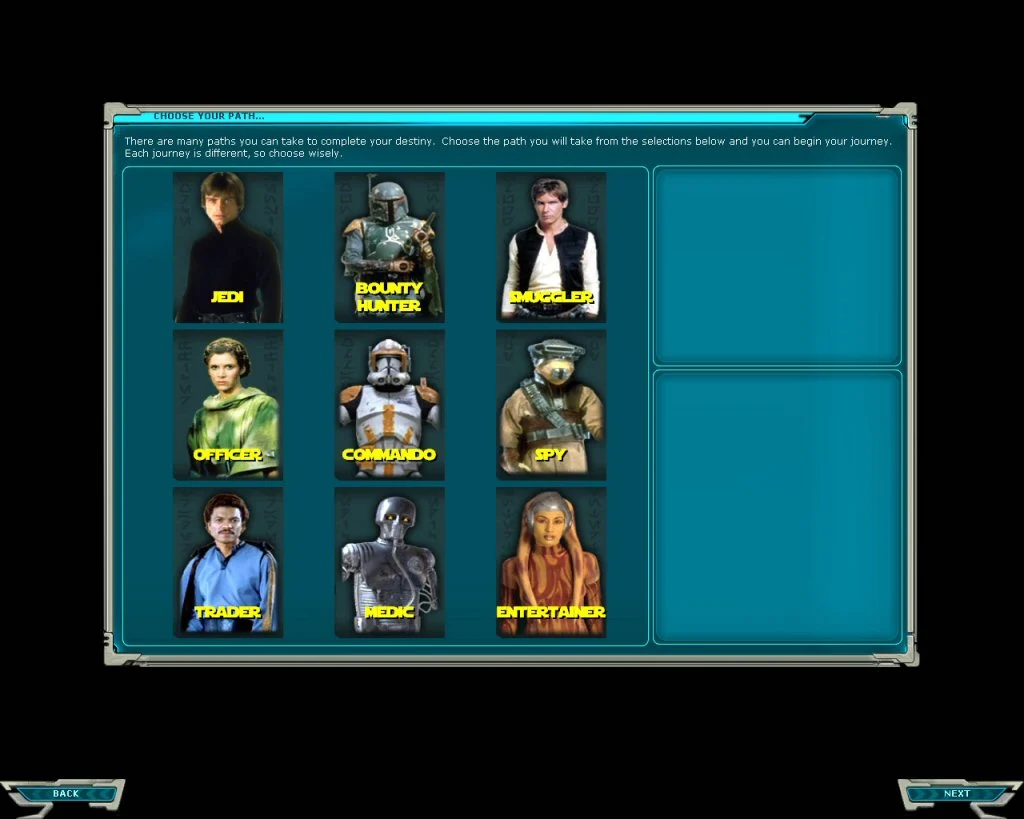 The nine fixed professions presented on the Star Wars Galaxies NGE character-selection screen